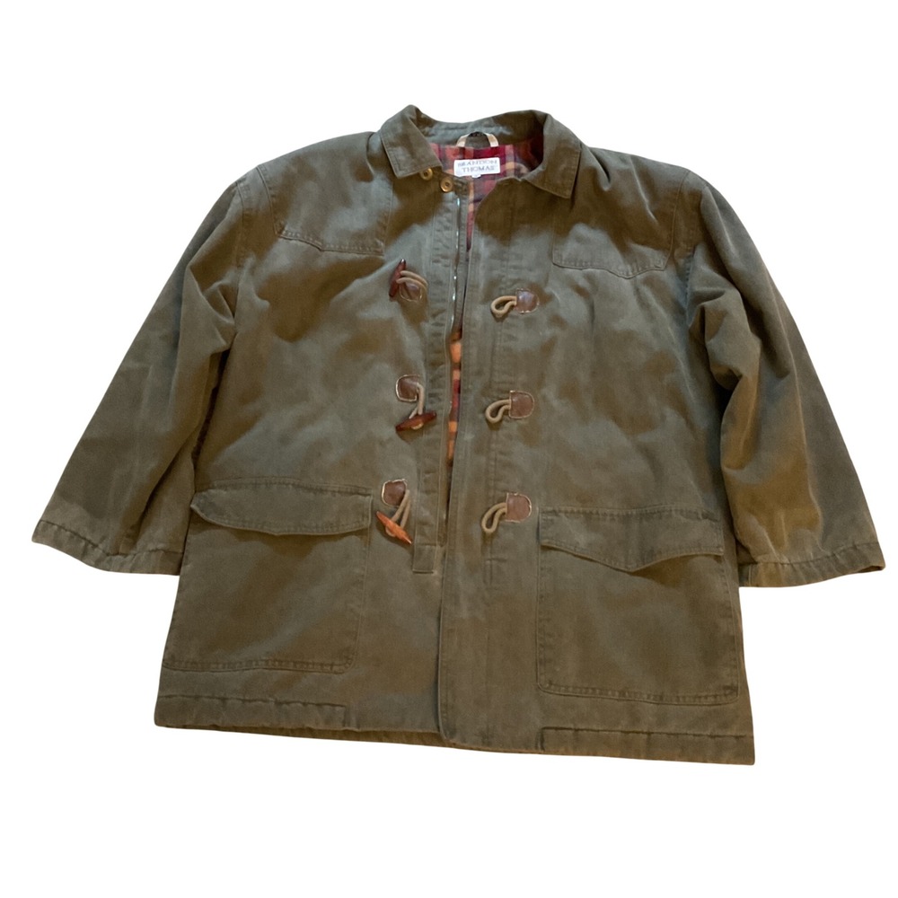 Brandon Thomas Olive Green Utility Jacket Plaid Lined Toggle Button Canvas Med